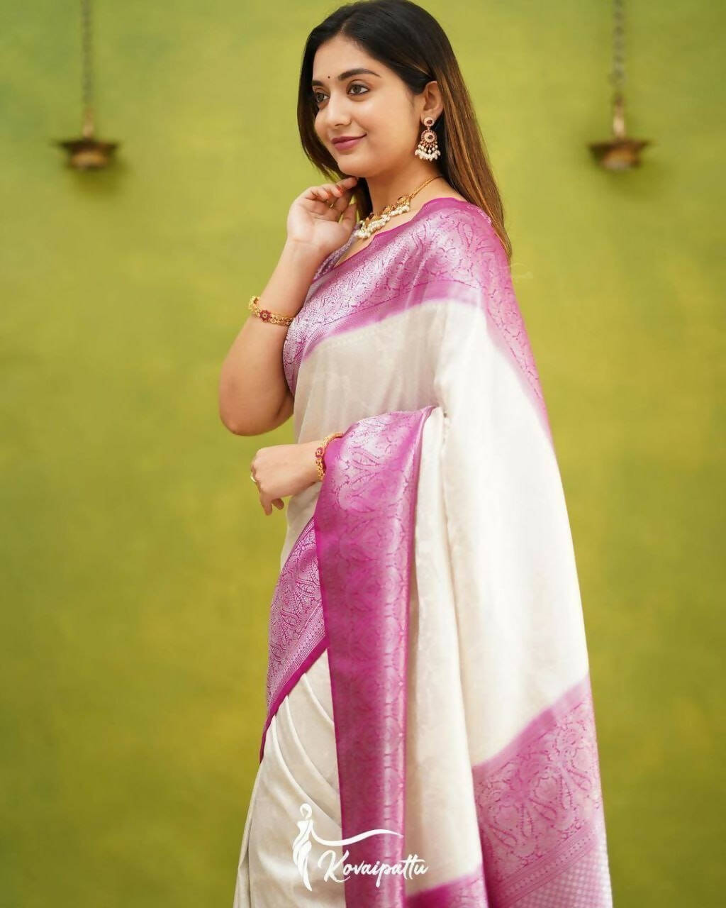 DEIANA'S Beautiful Designer Golden zari Soft Lichi Silk Saree - White | Grocsy
