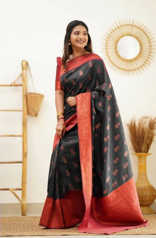 DEIANA'S Beautiful Designer Golden zari Soft Lichi Silk Saree - Black | Grocsy