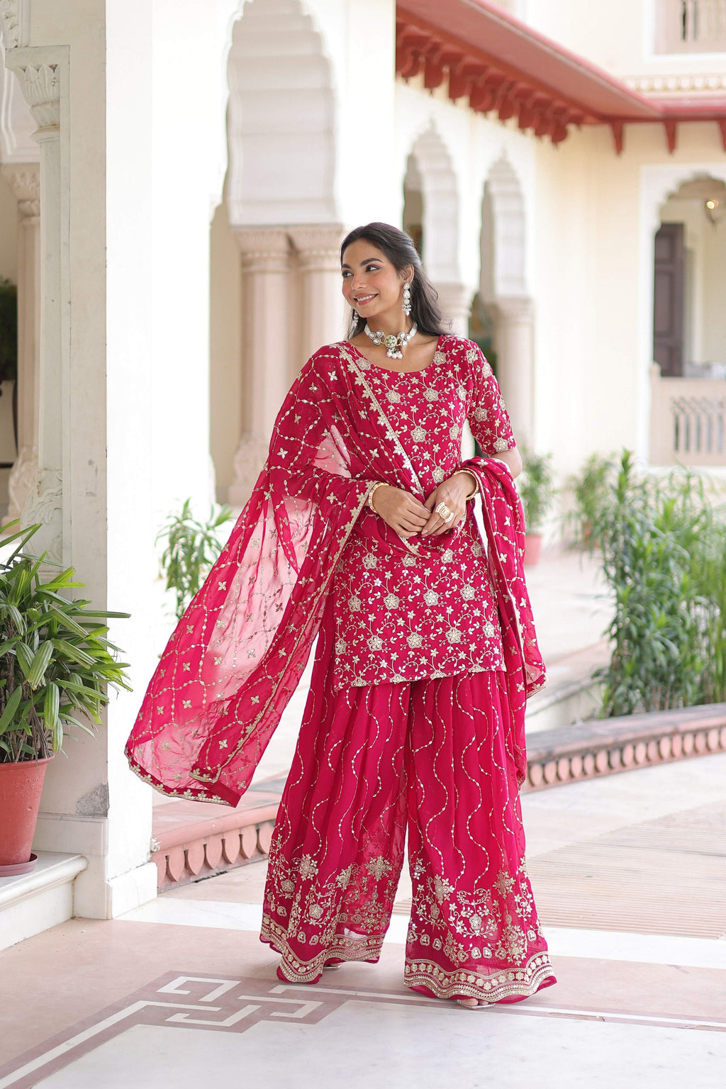 Joban Fashion Pink Readymade Kurta Set With Sequence embroidery Work | Grocsy