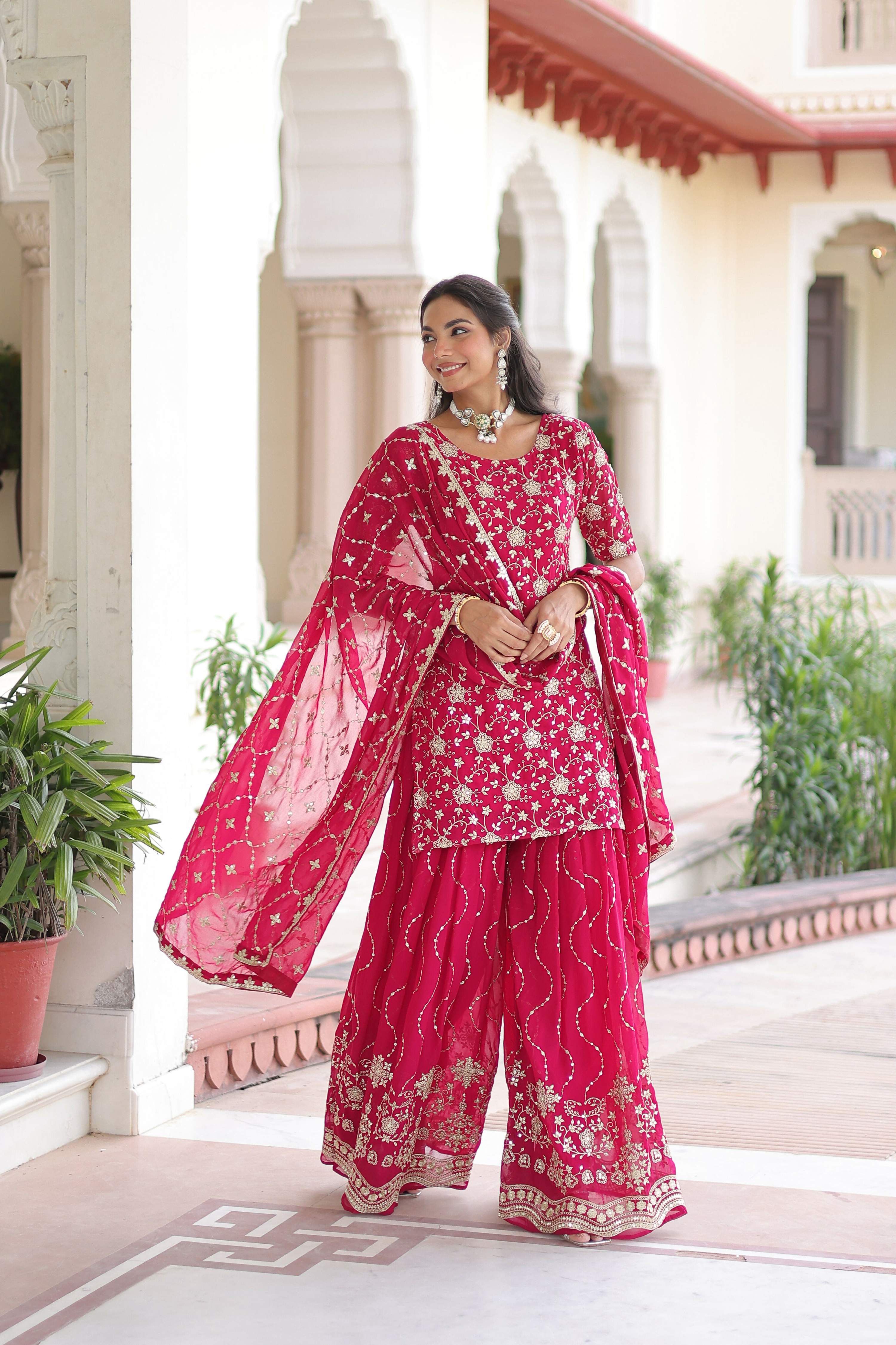 Joban Fashion Pink Readymade Kurta Set With Sequence embroidery Work | Grocsy