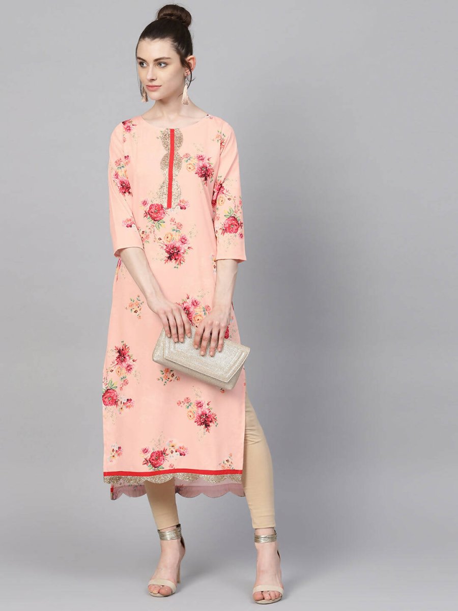 Ahalyaa Peach Crepe Digital Print Kurta | Grocsy