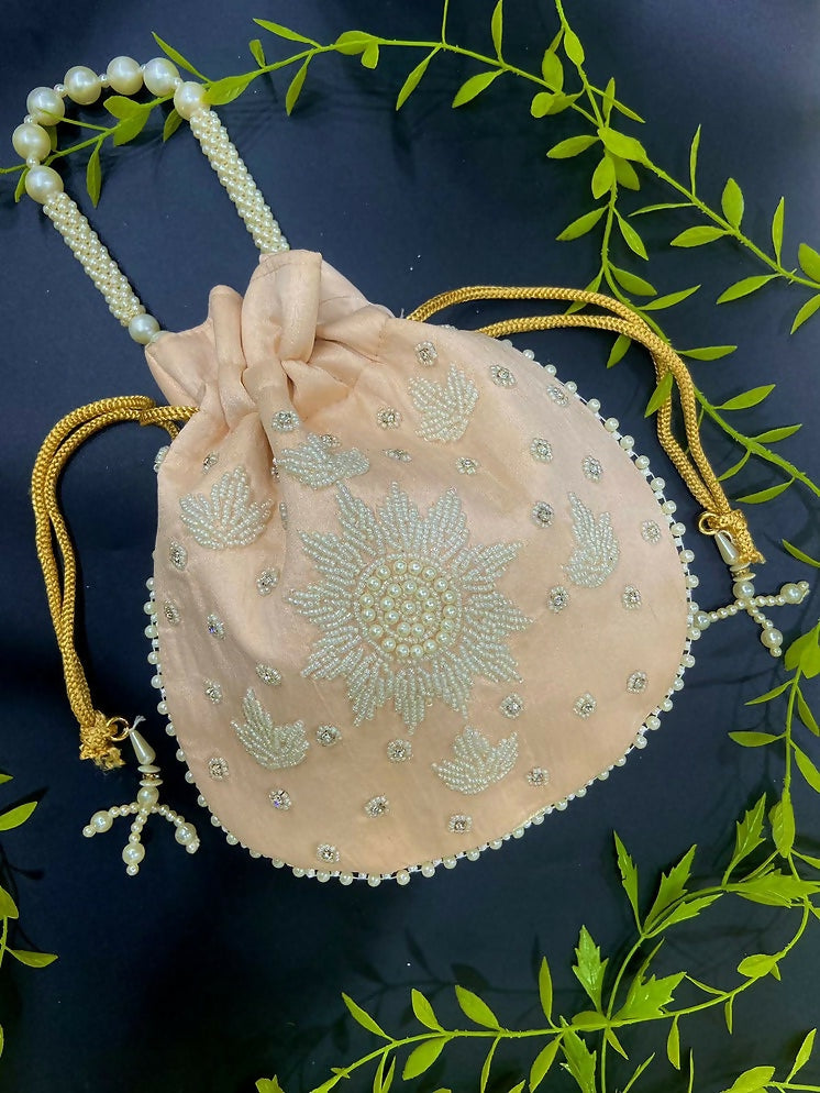 Joban Fashion Pearl Hand Work Potli Bag - Peach | Grocsy