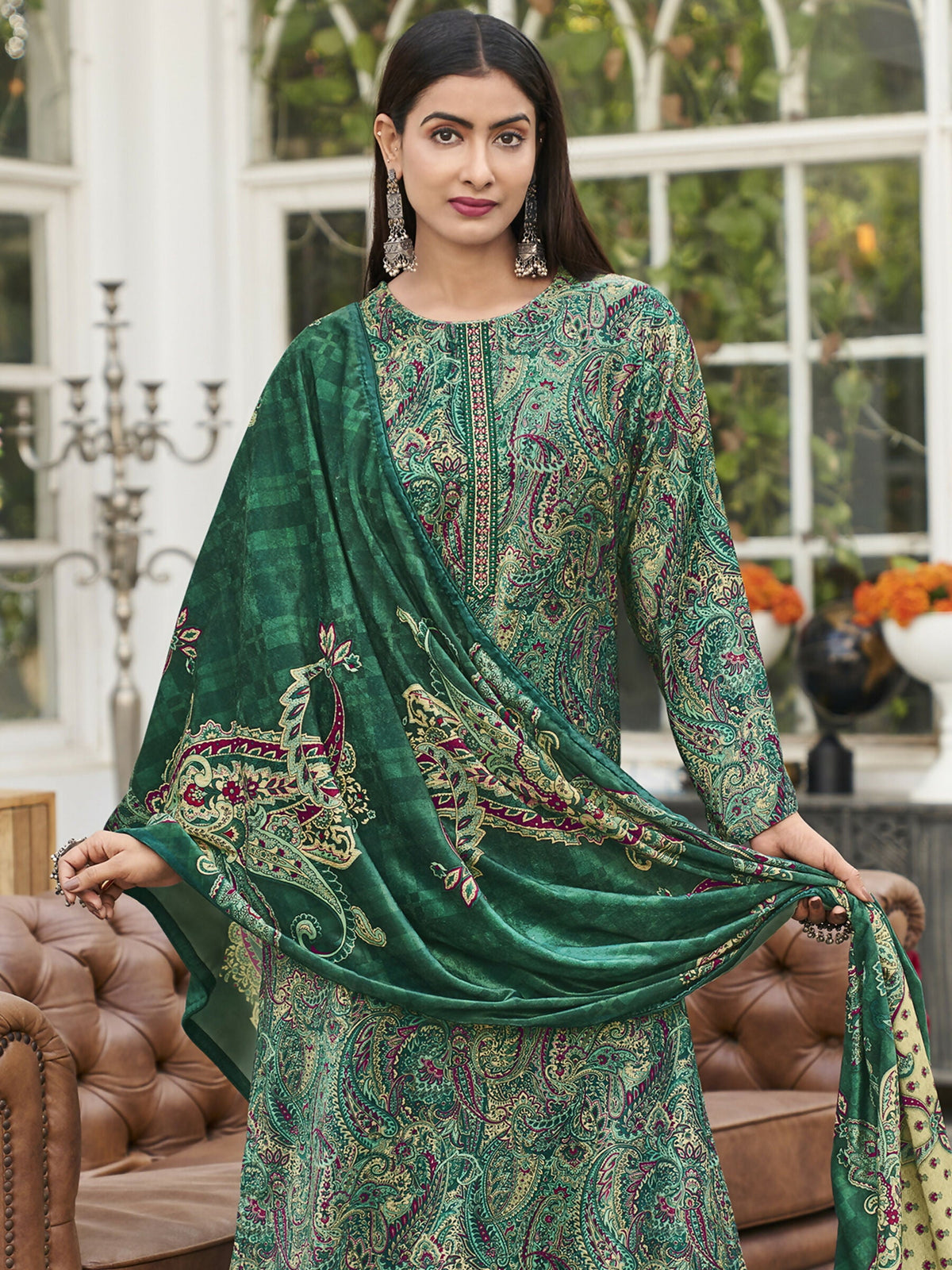 Jyoti Fashion Women's Green Velvet Digital Print with Resham Thread work Kurta with Trouser & Dupatta | Grocsy