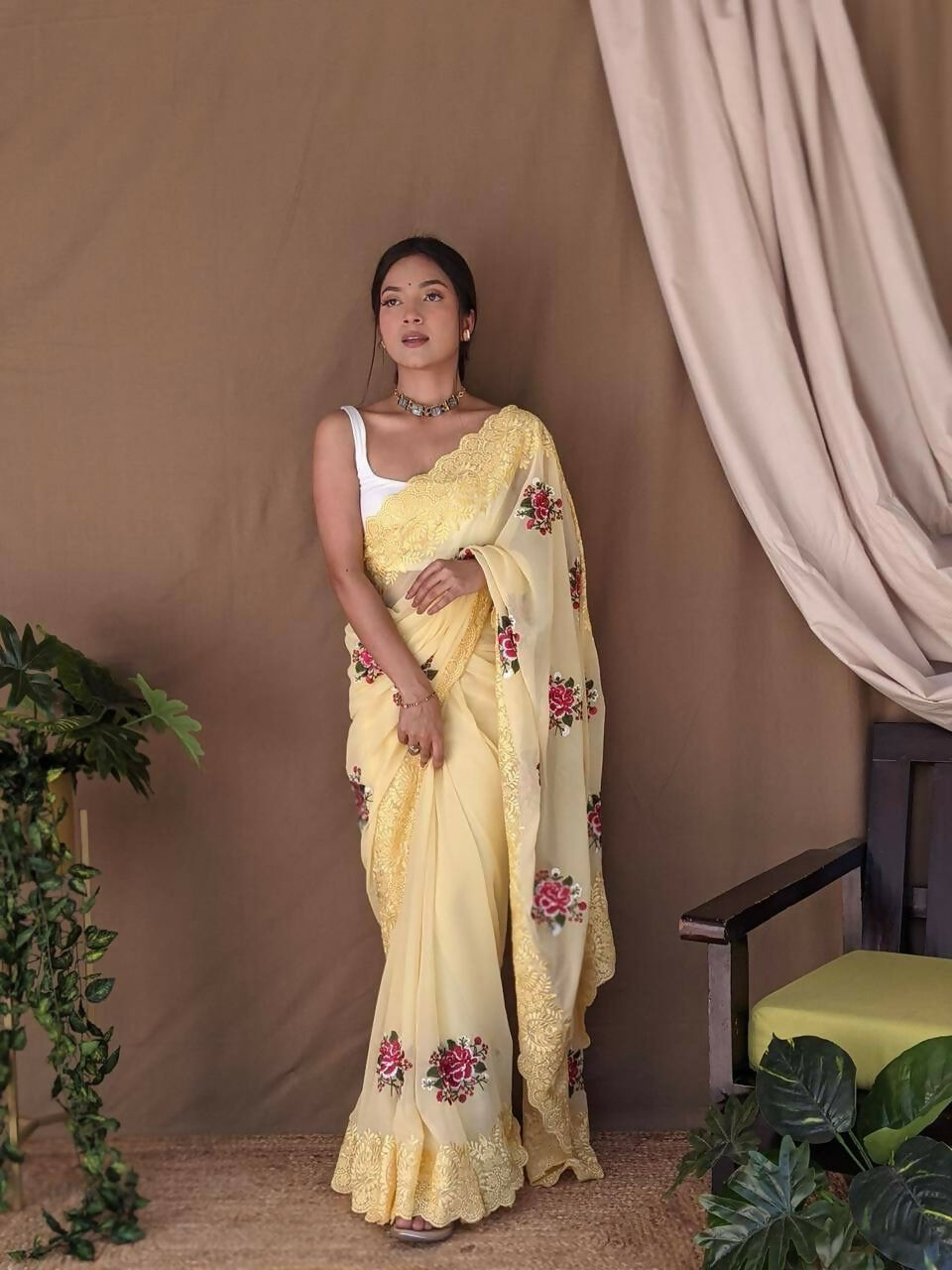 Vamsee Fana Yellow Georgette Silk Saree | Grocsy