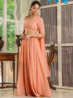 Janasya Peach Georgette Foil Print Lehenga Choli Dupatta | Grocsy
