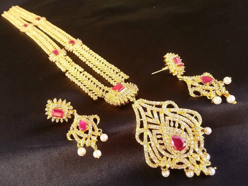 AD Ruby Bridal Long Traditional Necklace Set | Grocsy
