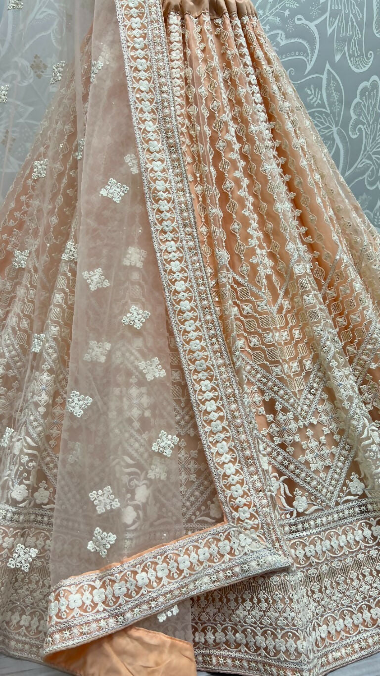 Jyoti Fashion Women's Peach Net Patterned Thread Embroidered with Sequins Wedding Lehenga Choli | Grocsy