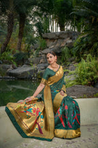 Jyoti Fashion Women's Bottle Green Paithani Silk Zari Woven Saree with Blouse | Grocsy
