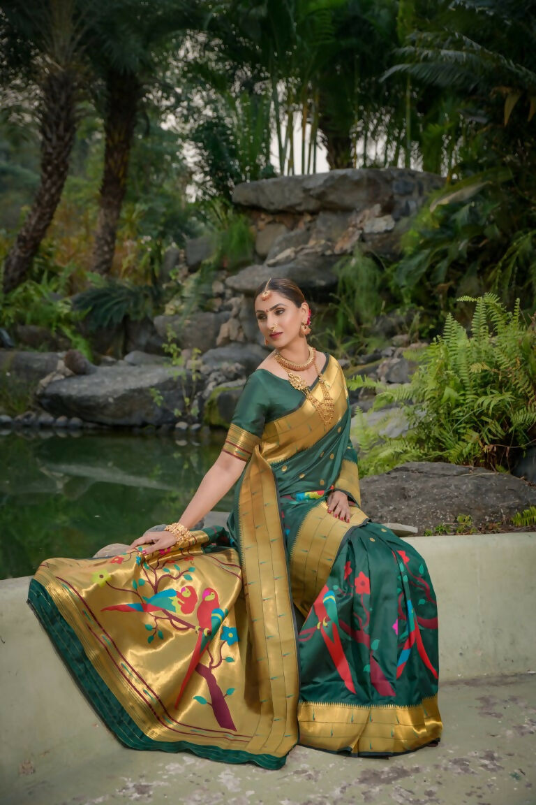 Jyoti Fashion Women's Bottle Green Paithani Silk Zari Woven Saree with Blouse | Grocsy