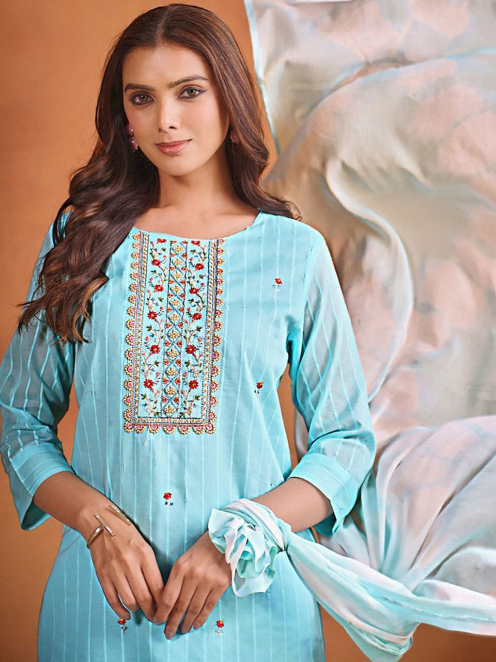 Sangria Ethnic Motifs Embroidered Thread Work Chanderi Cotton Kurta Trouser & Dupatta | Grocsy