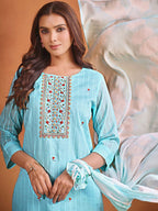 Sangria Ethnic Motifs Embroidered Thread Work Chanderi Cotton Kurta Trouser & Dupatta | Grocsy