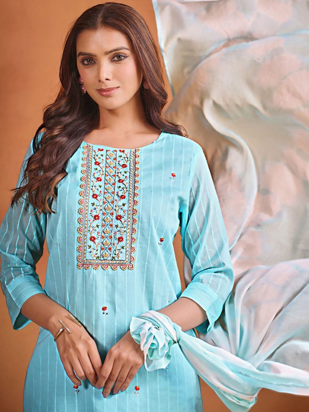 Sangria Ethnic Motifs Embroidered Thread Work Chanderi Cotton Kurta Trouser & Dupatta | Grocsy
