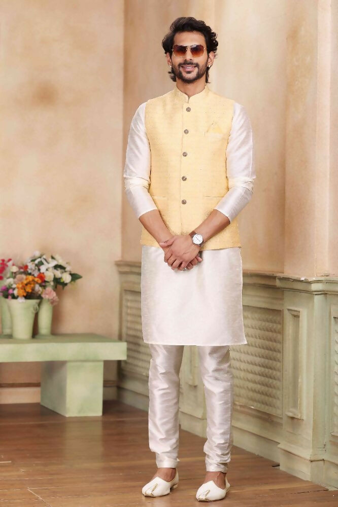 Raivat Ethnic Jacquard Banarasi Silk Woven Work 3 Pics Jacket Set In Yellow Colour | Grocsy
