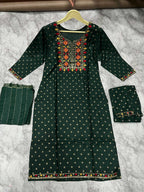 Jyoti Fashion Women's Bottle Green 14KG Rayon Foil Print with Embroidery Kurta Set | Grocsy