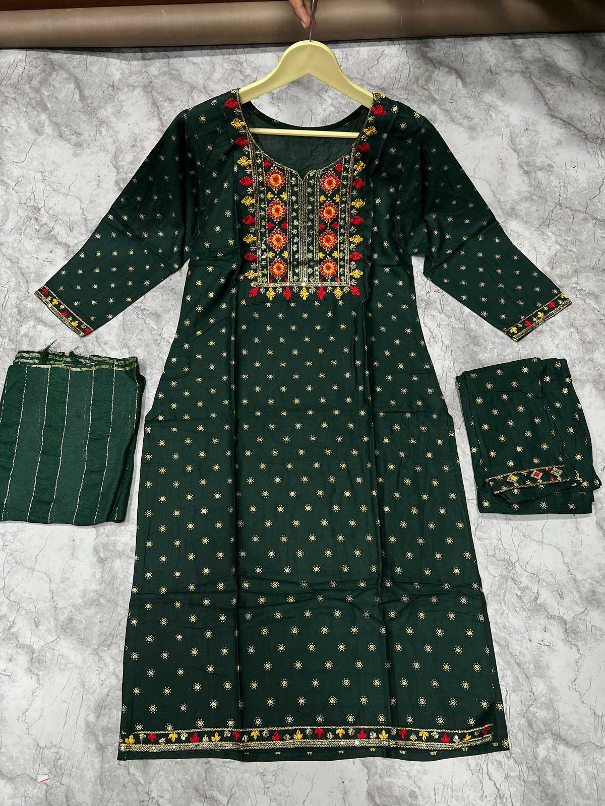 Jyoti Fashion Women's Bottle Green 14KG Rayon Foil Print with Embroidery Kurta Set | Grocsy