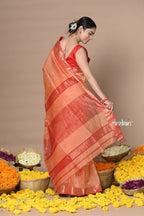 Very Much Indian Rajsi - Handloom Ari Checks Cotton Silk Saree With Golden Border - Orange | Grocsy