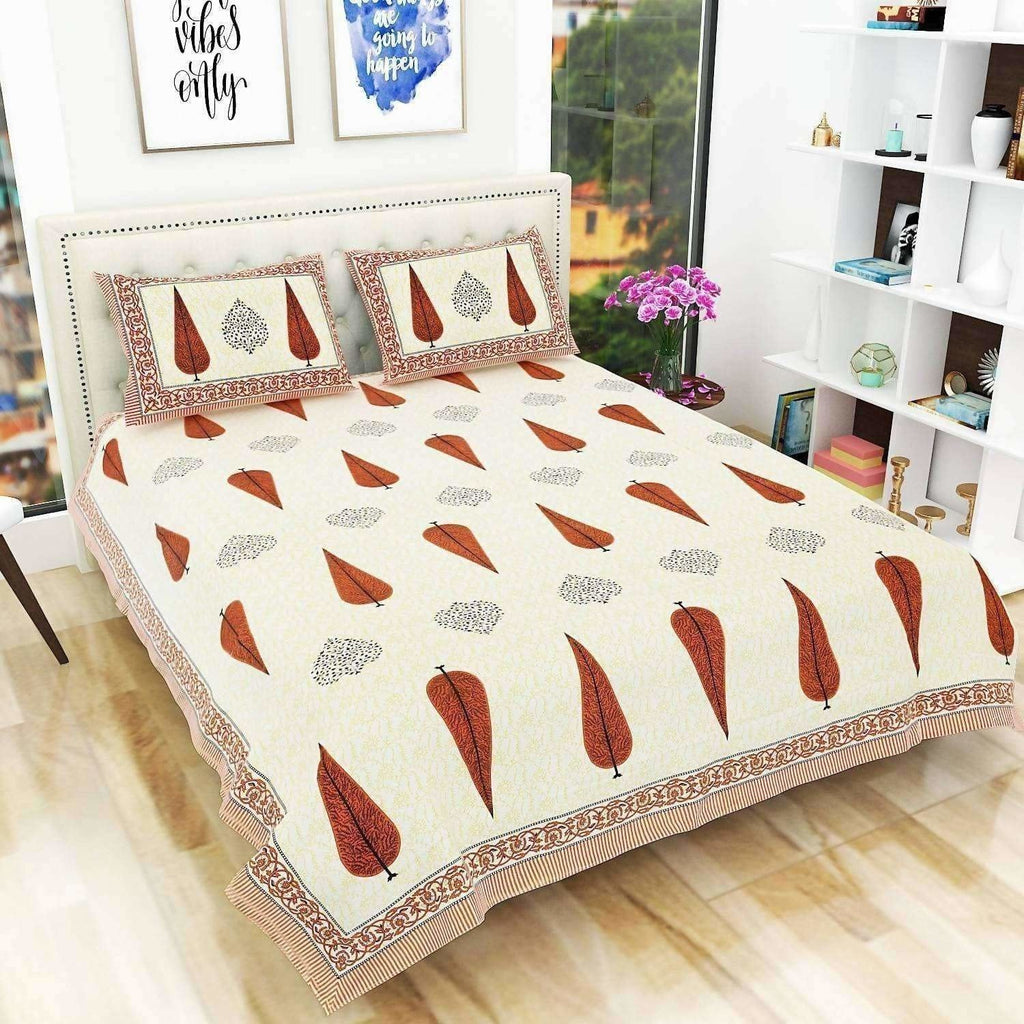 Queen Size 90x108 Inches Jaipuri Sanganeri Print Flat Bed Sheet Bedspread with 2 Pillowcases | Grocsy