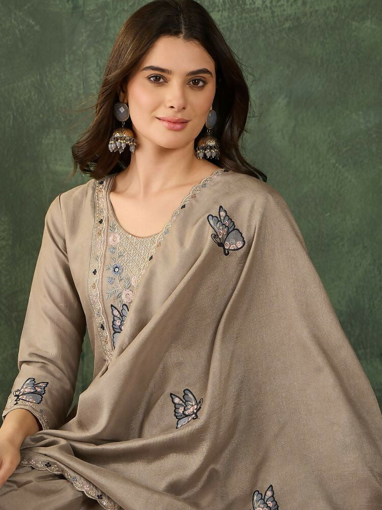 The52 Women's Gorgeous Embroidery Work Vichitra SIlk Fabric Flared Anarkali Pant and Dupatta Set | Grocsy