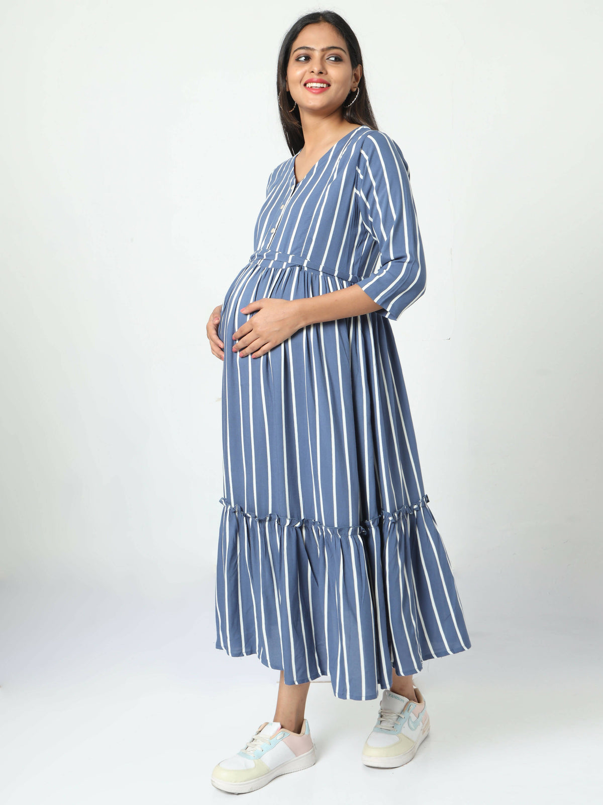 Manet Three Fourth Maternity Dress Striped With Concealed Zipper Nursing Access - Blue | Grocsy