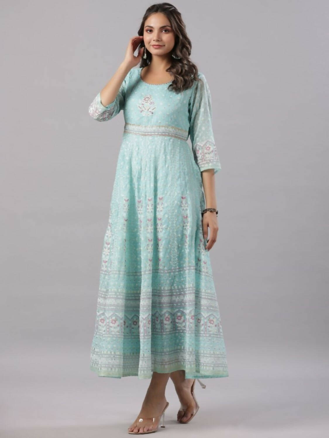 Juniper Women Sky Blue Chiffon Dobby Printed Maxi Dress | Grocsy