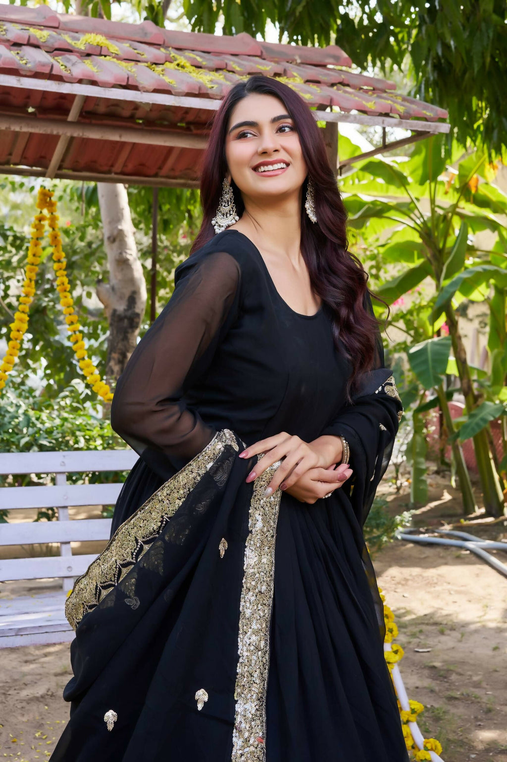 Teeya Creation Womens New Stylish Heavy Sequence Embroidery Work Black Gown Set | Grocsy