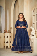 Jyoti Fashion Women's Blue Georgette Embroidered Anarkali Kurta Pant Set With Dupatta | Grocsy