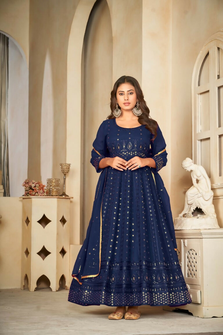 Jyoti Fashion Women's Blue Georgette Embroidered Anarkali Kurta Pant Set With Dupatta | Grocsy
