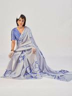 Vastranavya Sea Blue Satin Silk Elegant Printed Saree with Unstitched Blouse | Grocsy