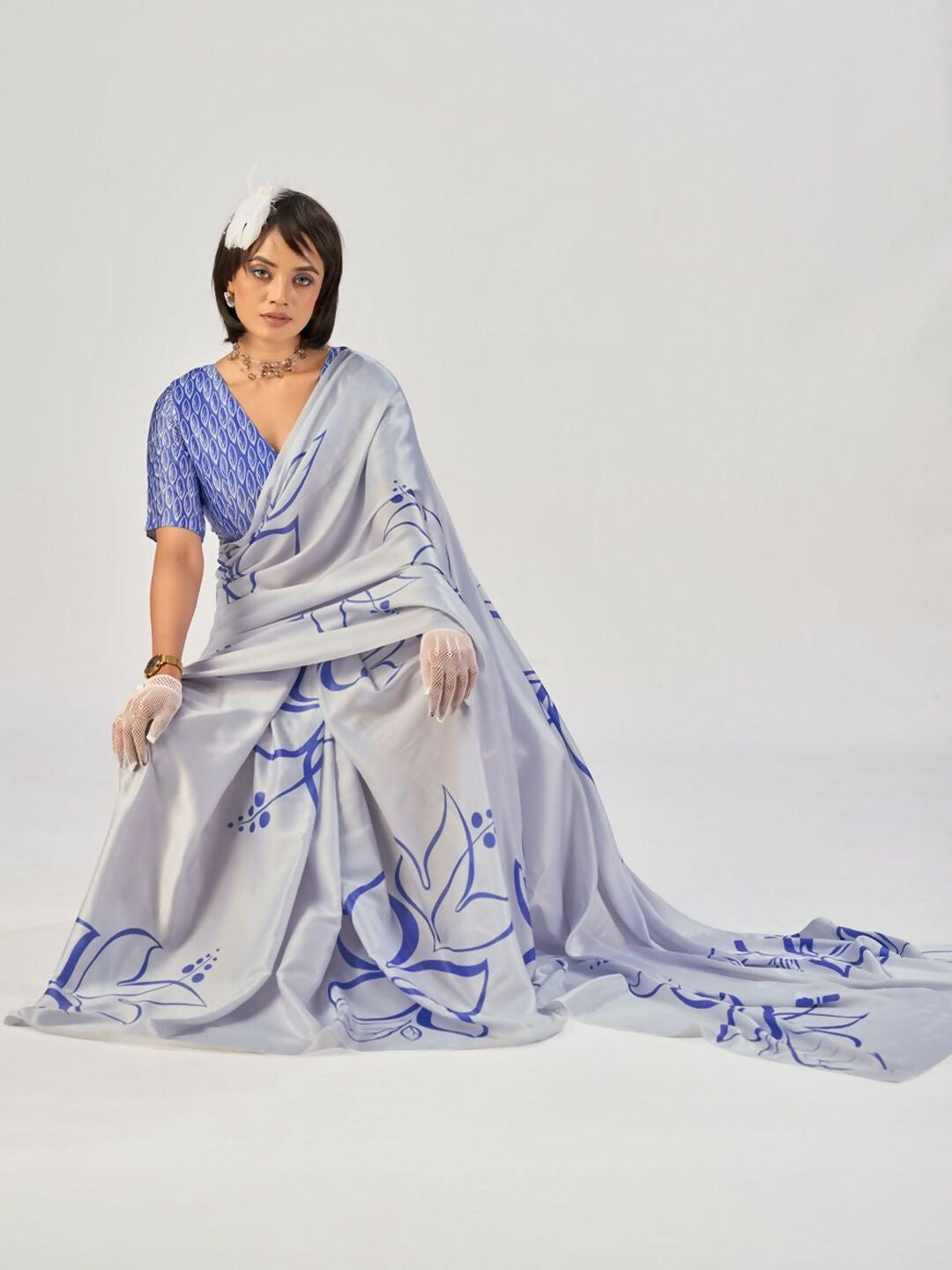 Vastranavya Sea Blue Satin Silk Elegant Printed Saree with Unstitched Blouse | Grocsy
