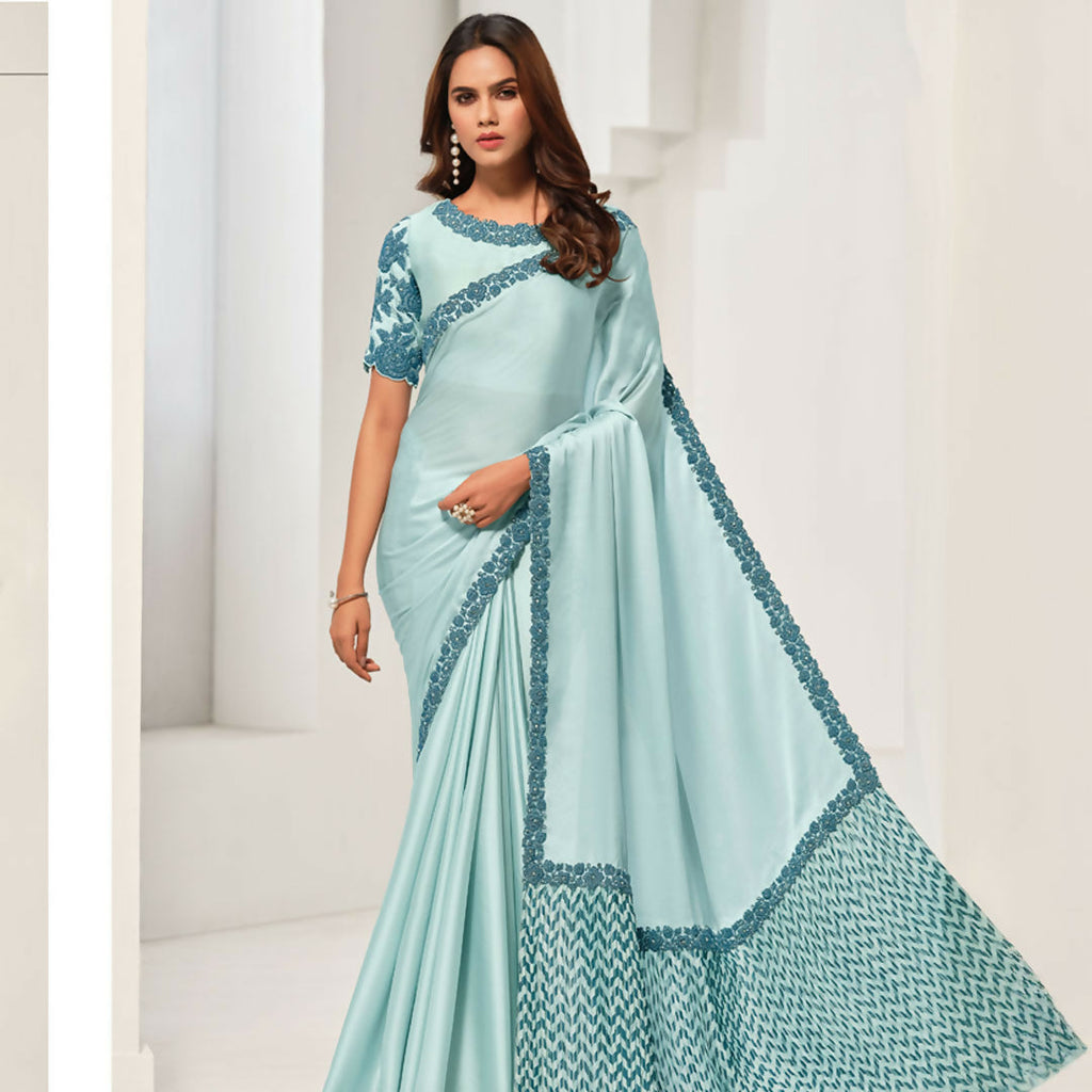 Light Blue Crepe Satin Silk Sequence Work Saree With Unstitched Blouse - Norita Saanjh | Grocsy