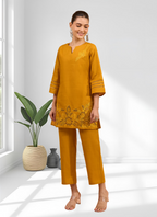 Joban Fashion Yellow Cotton, Linen Embroidered Readymade Cord Set | Grocsy