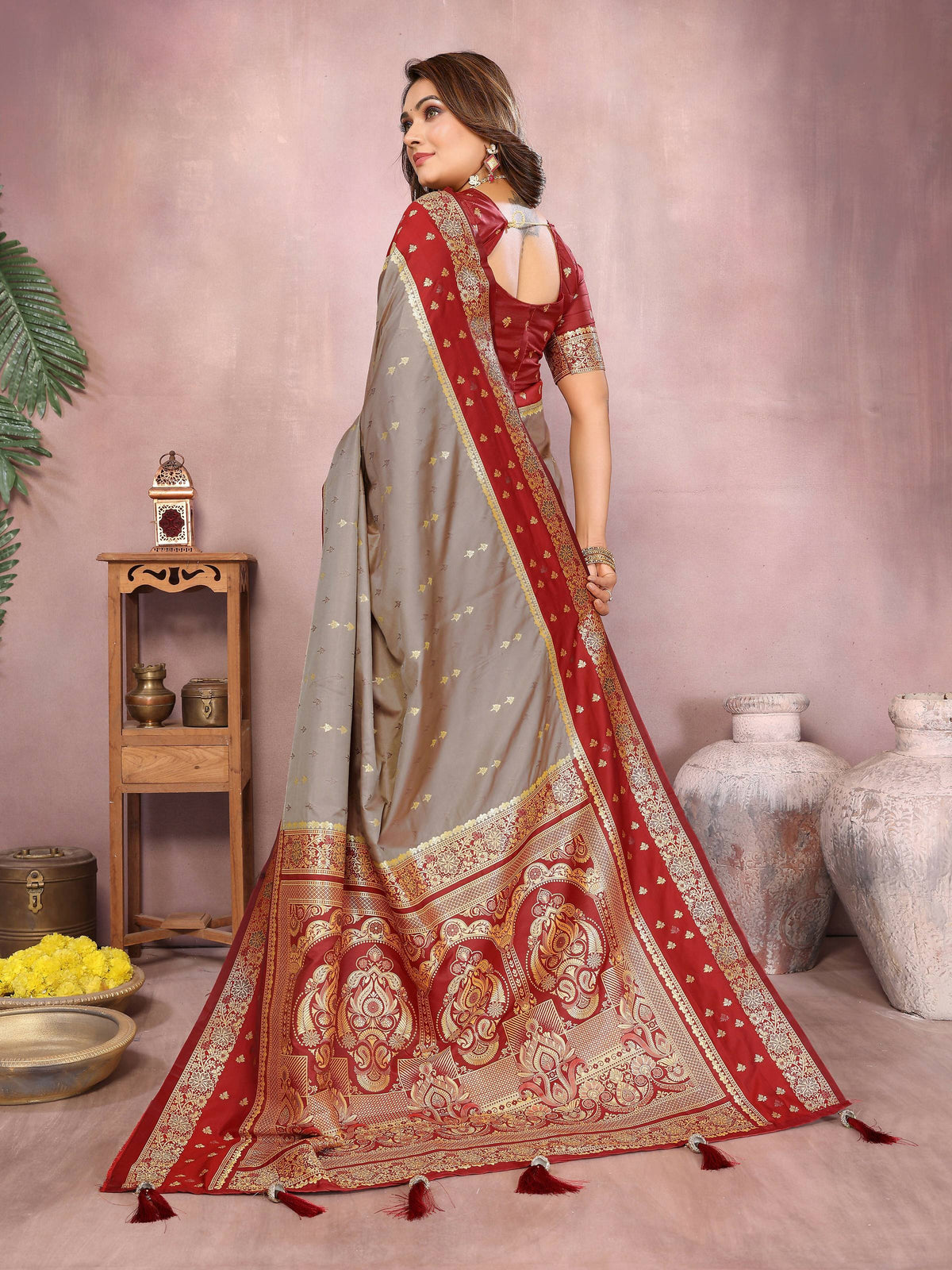Aastha Fashion Grey Kalamkari Silk Zari Woven Saree | Grocsy