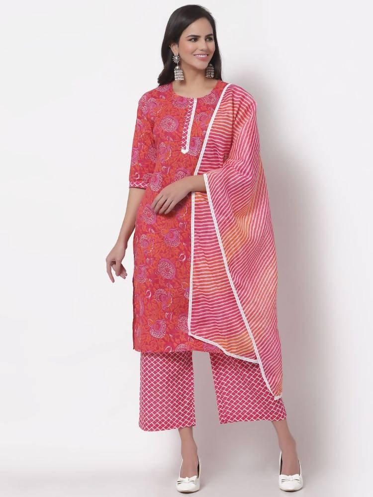 Myshka Women's Cotton Printed 3/4 Sleeve Round Neck Casual Pink Kurta Pant Dupatta Set | Grocsy