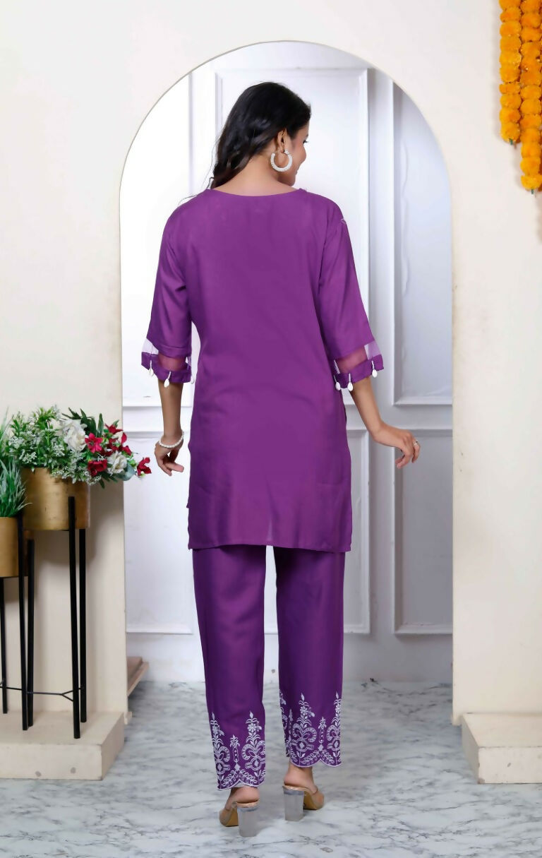Miravan Women's Purple Solid Rayon Straight Co-Ord Set | Grocsy