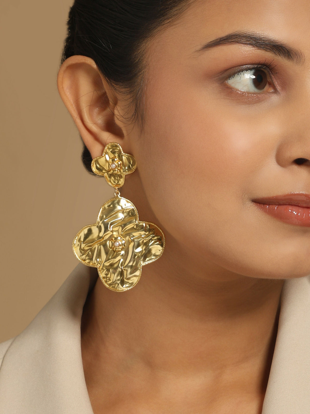 Nuyug 18k Gold-Plated Contemporary Molten Metallic Finish Floral Drop Dangler Earrings | Grocsy