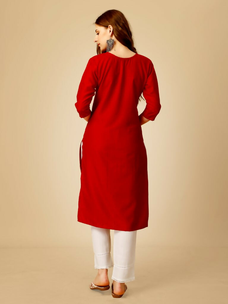 Jyoti Fashion Women's Red Cotton Blend Embroidered Kurta Pant Set | Grocsy