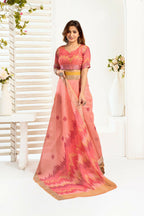 Joban Fashion Peach Ikkat Linen Ready To Wear Saree With Unstitched Blouse | Grocsy