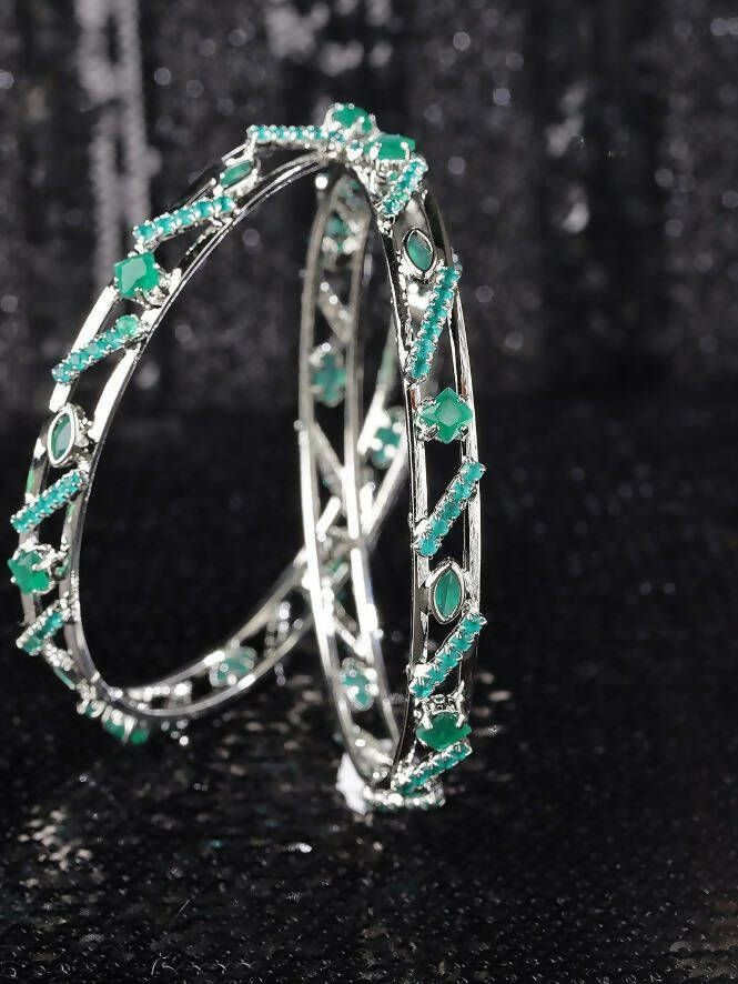 Priyaasi Women Set Of 2 Silver-Plated Emerald Studded Bangles - Noz2Toz