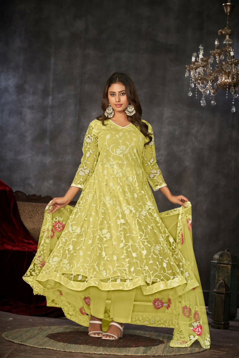 Jyoti Fashion Women's Yellow Net Embroidered Anarkali Kurta Pant Set With Dupatta | Grocsy