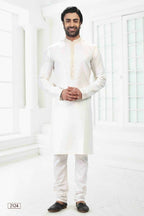 Raivat Ethnic Linen Cotton Thread Work Kurta Pajama In Cream Colour | Grocsy