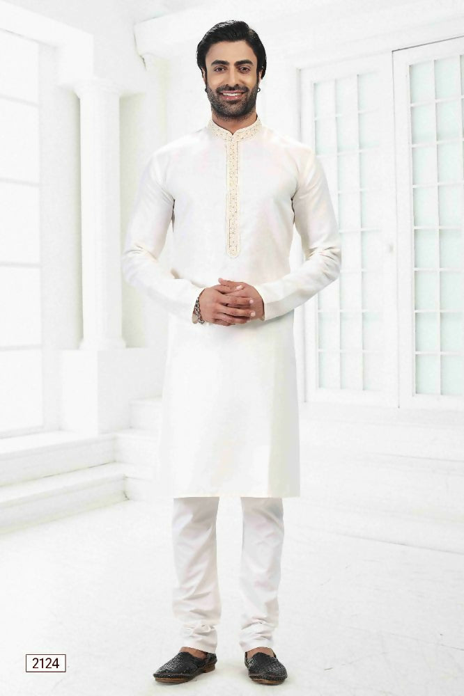 Raivat Ethnic Linen Cotton Thread Work Kurta Pajama In Cream Colour | Grocsy