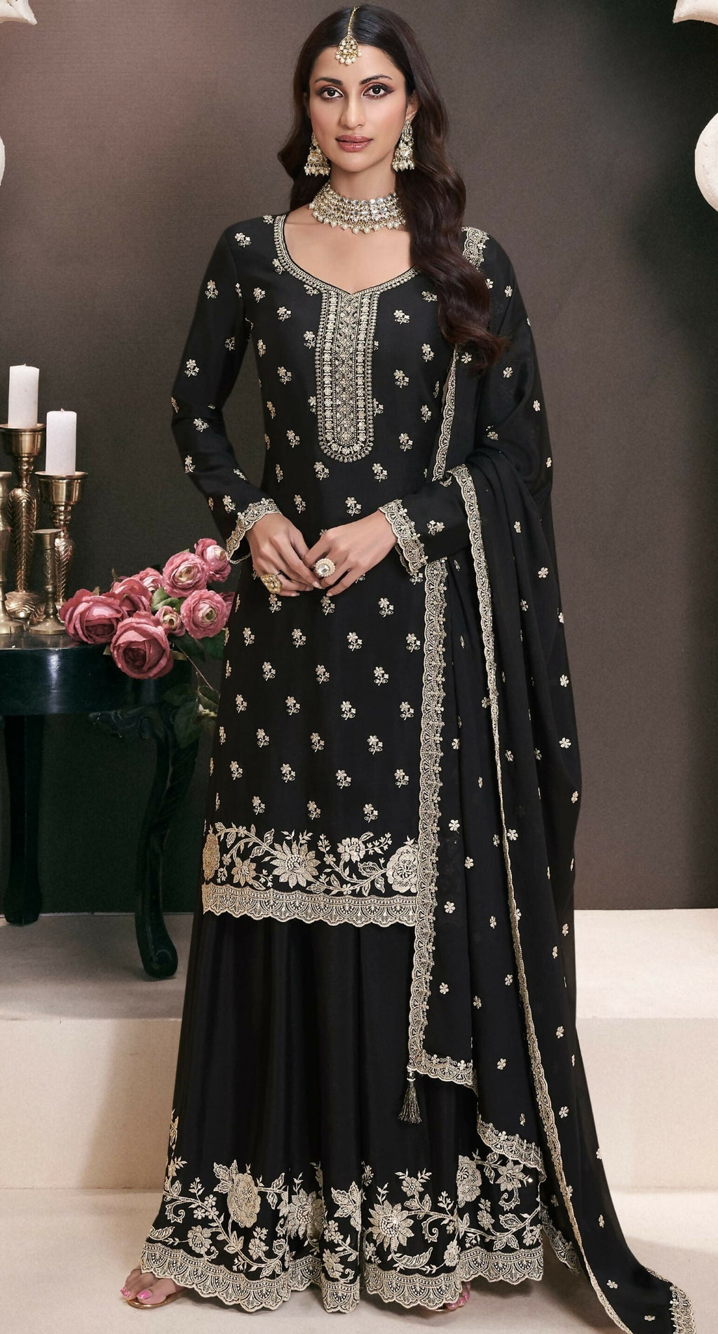 Anaita Black Chinon Embroidered Thread Work Stitched Salwar Suit | Grocsy