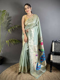 Joban Fashion Pale Blue Peacock & Floral Motifs Tissue Paithani Saree | Grocsy