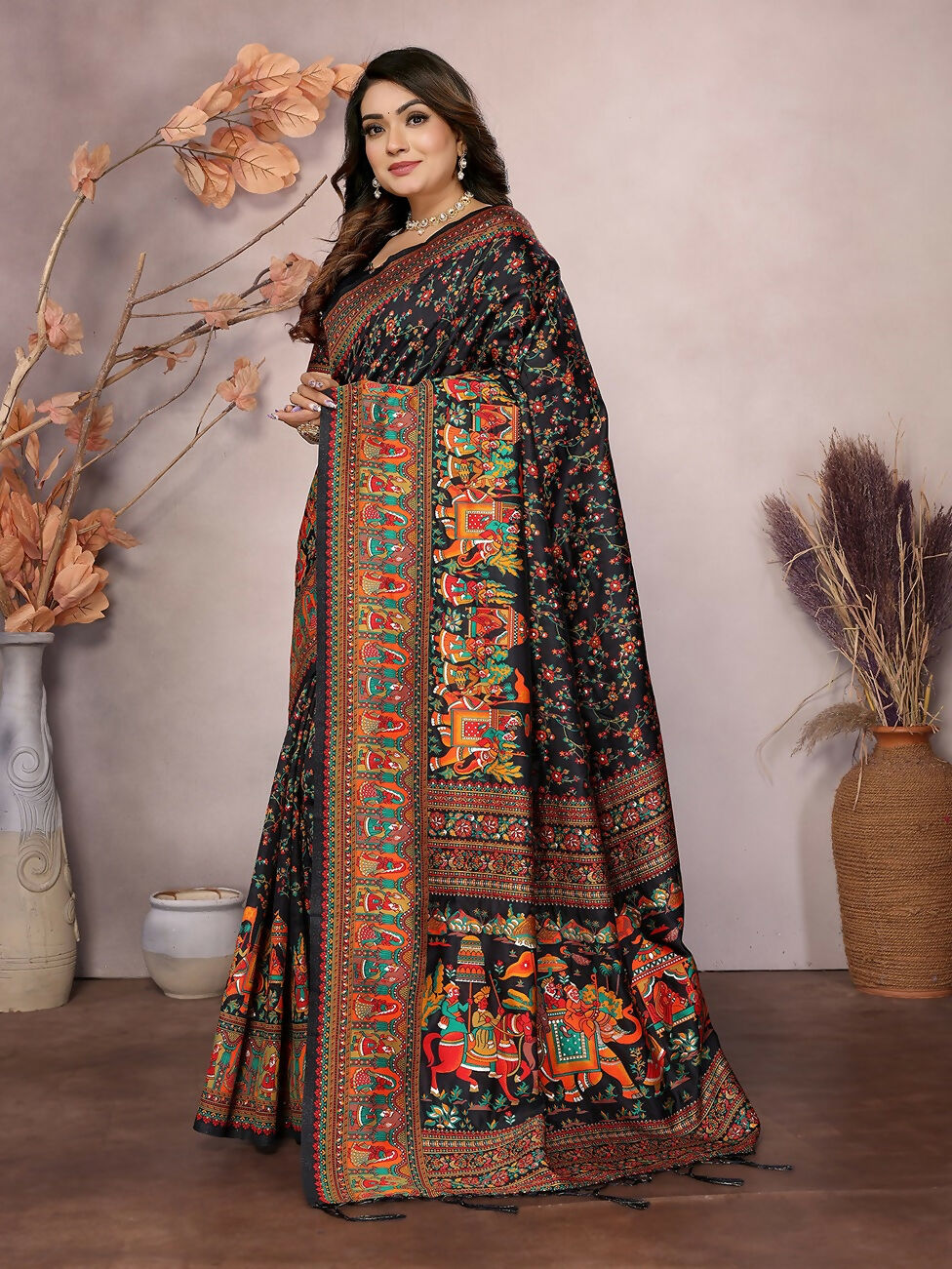 Joban Fashion Black Meena Weaves Pashmina Sarees | Grocsy