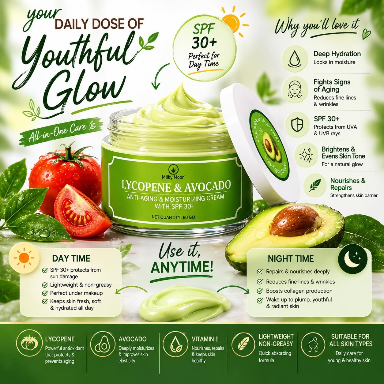 Milky Moon Lycopene & Avocado Anti-Aging & Moisturizing Cream with SPF 30 | Grocsy