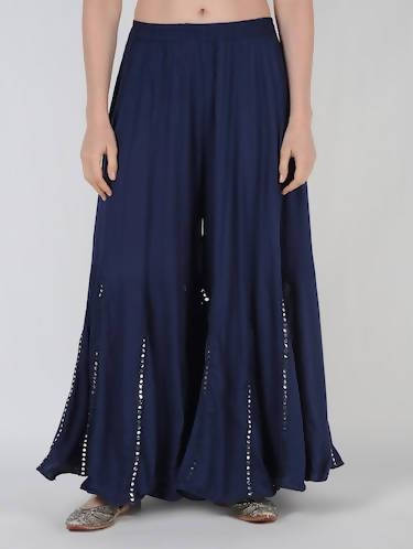 Mominos Fashion Navy Blue Viscose Rayon Flared Palazzo with Mirror Lace Work | Grocsy