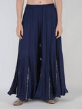 Mominos Fashion Navy Blue Viscose Rayon Flared Palazzo with Mirror Lace Work | Grocsy