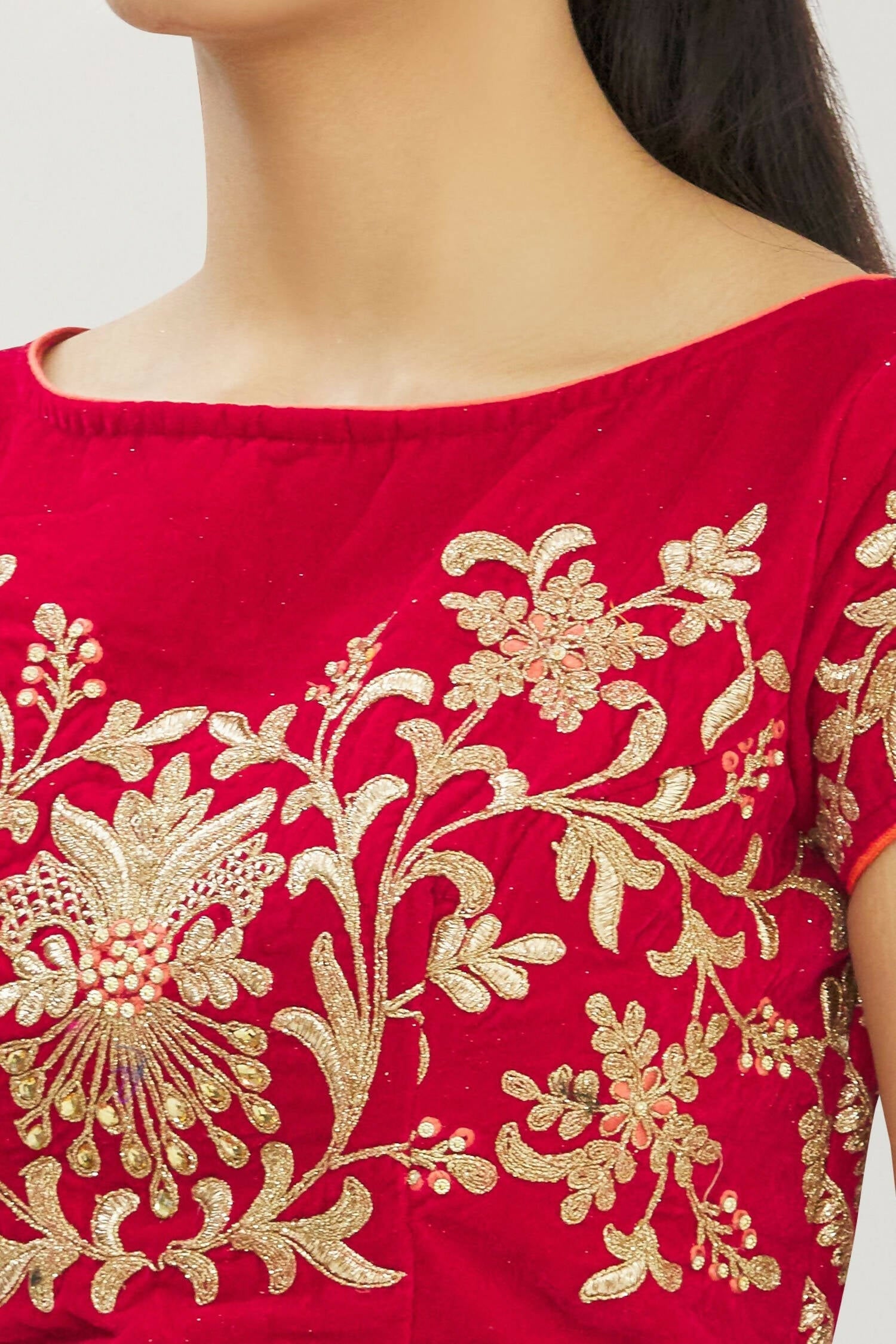 Red Velvet Semi-Stitched Wedding Bridal Lehenga - Nimaya | Grocsy