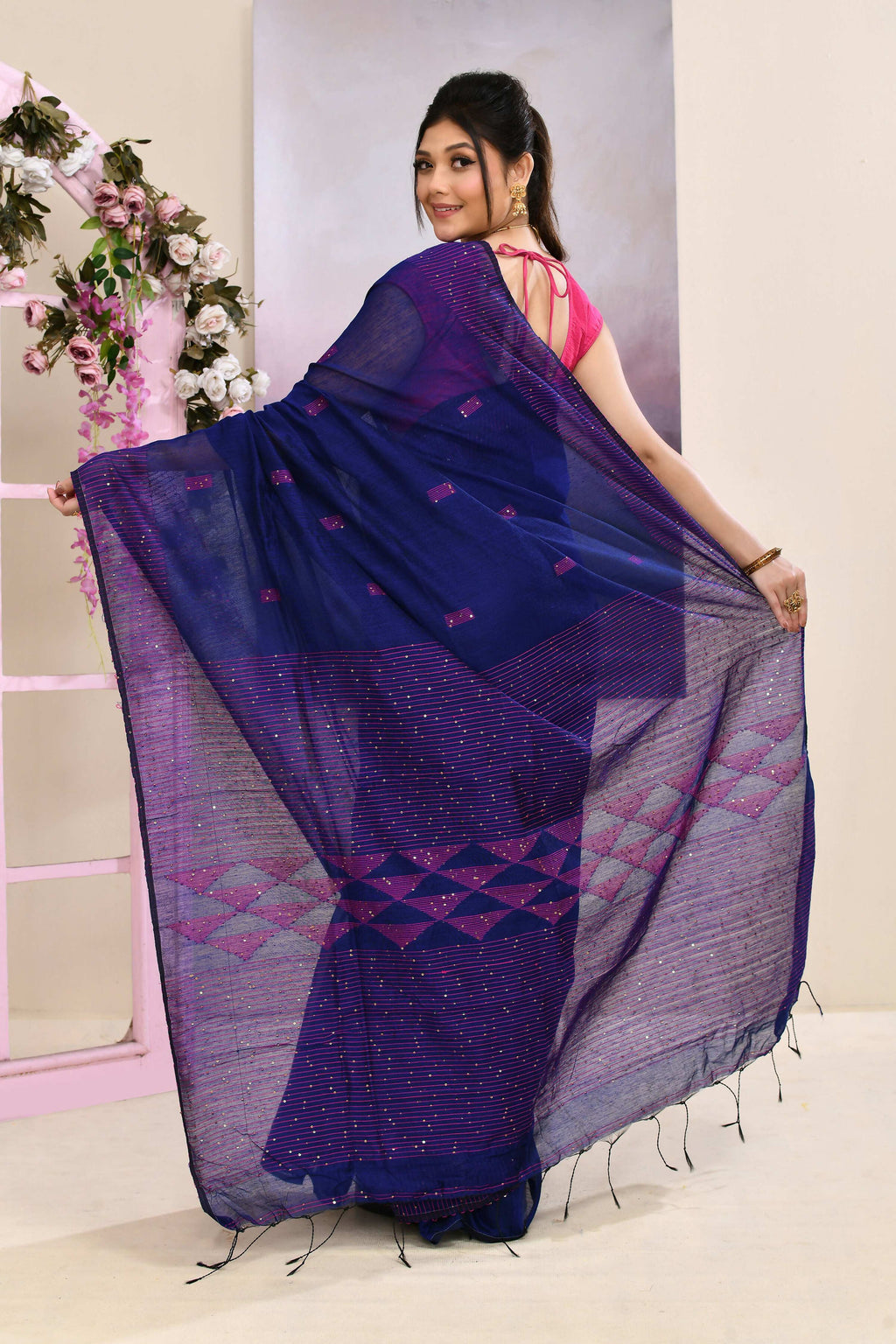 Piyari Fashion Women's Blue Sequins Embellished Cotton Blend Jamdani Saree | Grocsy
