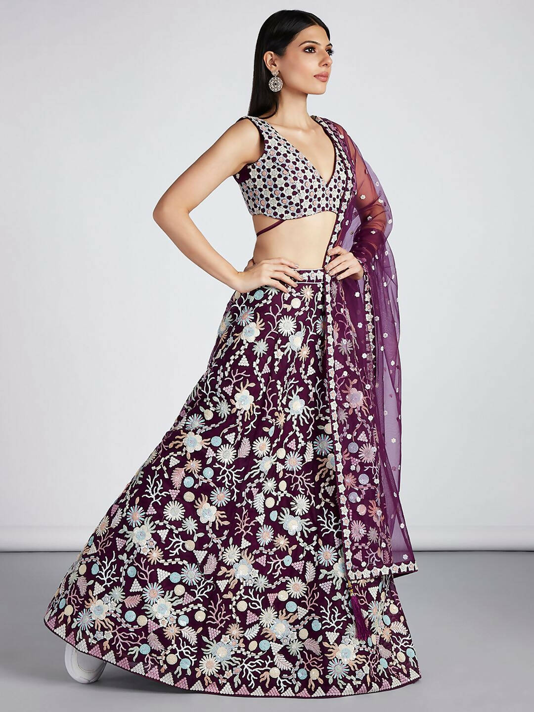 House of Panchhi Burgundy Net heavy Sequinse embroidery Semi-Stitched Lehenga choli & Dupatta | Grocsy